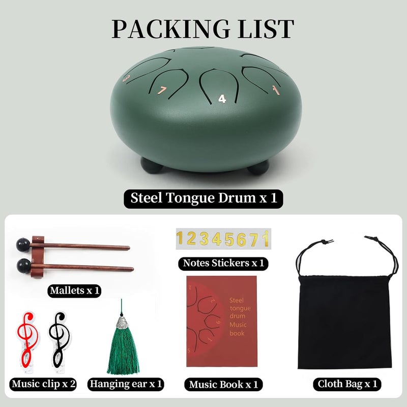MELHA Rain Drum for Outside Garden6 Inches 8 Notes Steel Tongue Chakra Drums, Waterproof Meditation Rain Chime, Musical Instruments for Gift with Bag, Drum Mallets, Music Book (Green) - Image 4